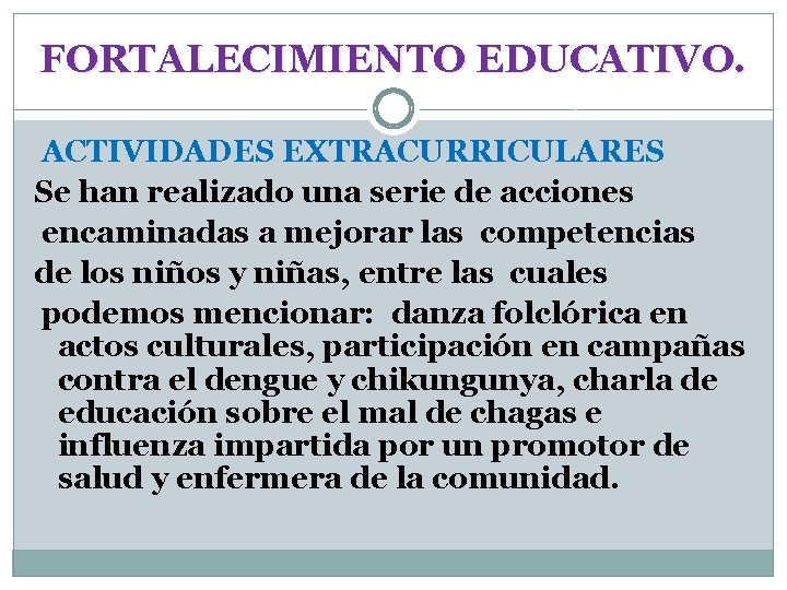 FORTALECIMIENTO EDUCATIVO. ACTIVIDADES EXTRACURRICULARES Se han realizado una serie de acciones encaminadas a mejorar