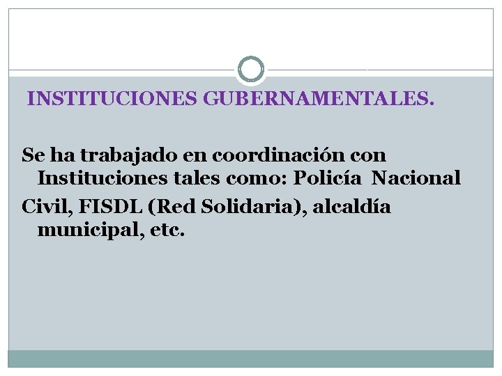 INSTITUCIONES GUBERNAMENTALES. Se ha trabajado en coordinación con Instituciones tales como: Policía Nacional Civil,