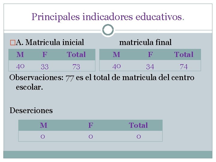 Principales indicadores educativos. �A. Matricula inicial matricula final M F Total 40 33 73
