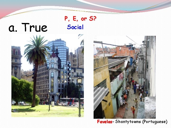 a. True [P, E, or S? Social Favelas Shantytowns (Portuguese) 