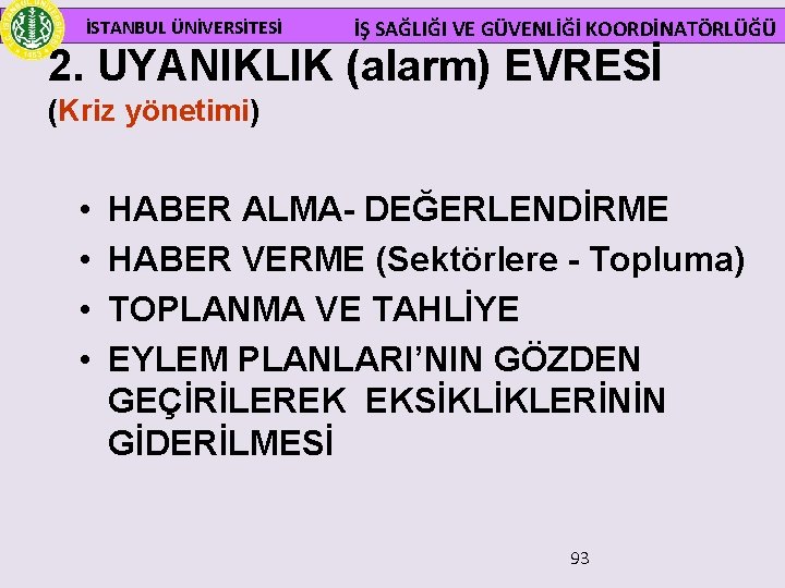  İSTANBUL ÜNİVERSİTESİ İŞ SAĞLIĞI VE GÜVENLİĞİ KOORDİNATÖRLÜĞÜ 2. UYANIKLIK (alarm) EVRESİ (Kriz yönetimi)