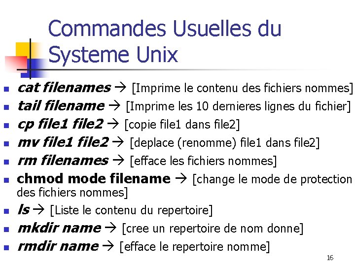 Commandes Usuelles du Systeme Unix n cat filenames [Imprime le contenu des fichiers nommes]