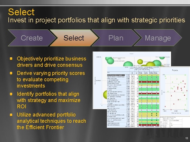 Select Invest in project portfolios that align with strategic priorities Create Select Plan Manage