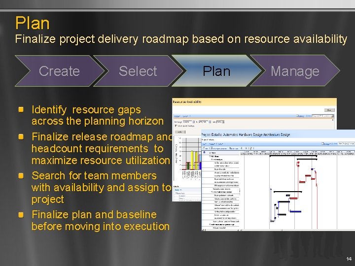 Plan Finalize project delivery roadmap based on resource availability Create Select Plan Manage Identify