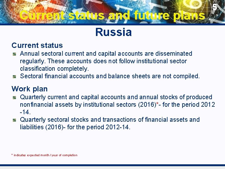 Current status and future plans 5 Russia Current status Annual sectoral current and capital