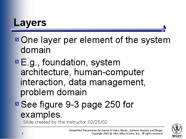 Layers One layer per element of the system domain E. g. , foundation, system