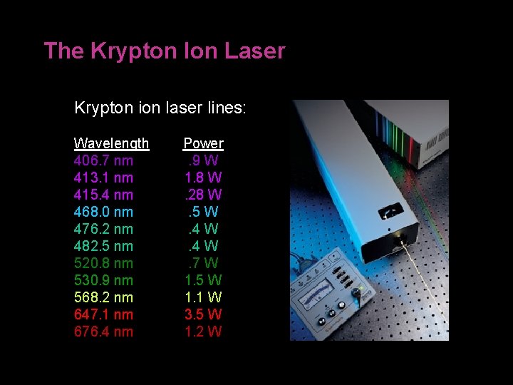 The Krypton Ion Laser Krypton ion laser lines: Wavelength 406. 7 nm 413. 1