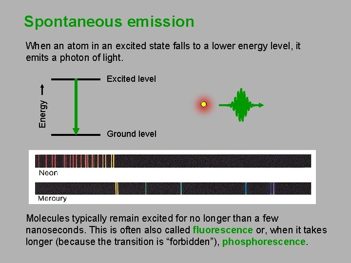 Spontaneous emission When an atom in an excited state falls to a lower energy