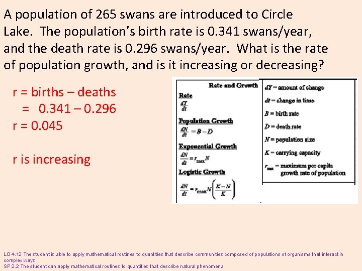 A population of 265 swans are introduced to Circle Lake. The population’s birth rate