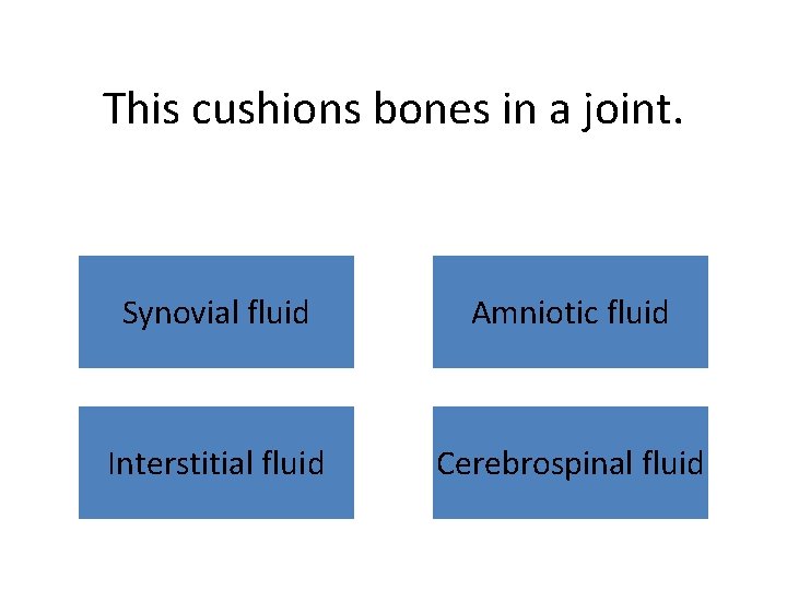 This cushions bones in a joint. Synovial fluid Amniotic fluid Interstitial fluid Cerebrospinal fluid