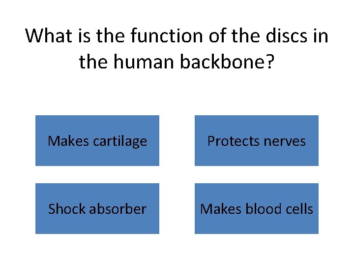 What is the function of the discs in the human backbone? Makes cartilage Protects