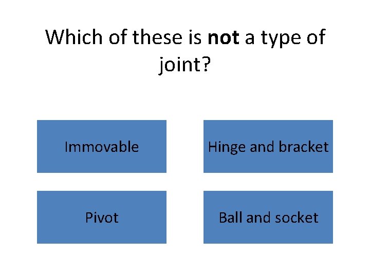 Which of these is not a type of joint? Immovable Hinge and bracket Pivot