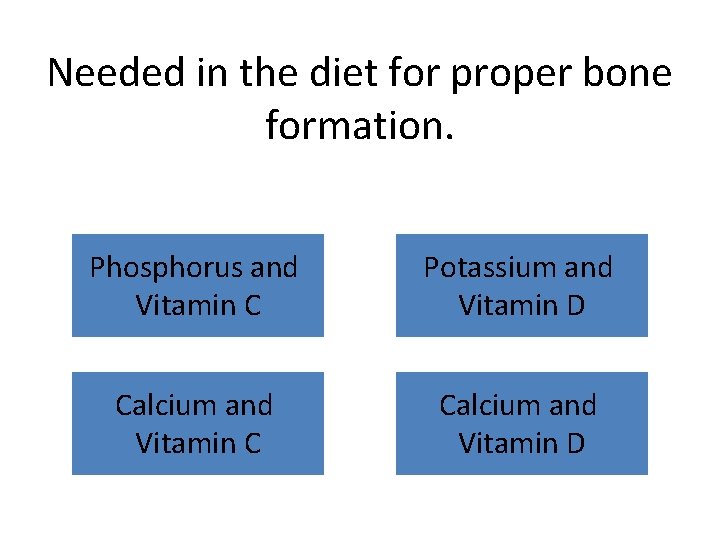 Needed in the diet for proper bone formation. Phosphorus and Vitamin C Potassium and
