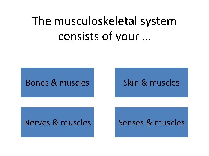 The musculoskeletal system consists of your … Bones & muscles Skin & muscles Nerves