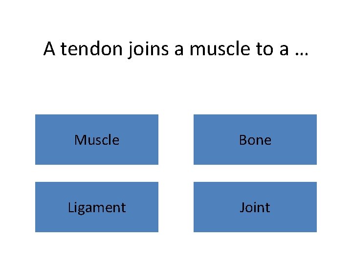 A tendon joins a muscle to a … Muscle Bone Ligament Joint 
