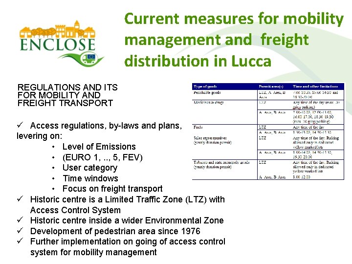 Current measures for mobility management and freight distribution in Lucca REGULATIONS AND ITS FOR