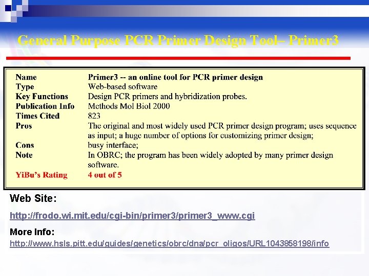 General Purpose PCR Primer Design Tool– Primer 3 Web Site: http: //frodo. wi. mit.