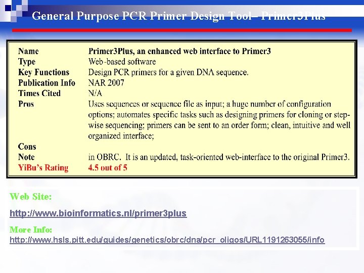 General Purpose PCR Primer Design Tool– Primer 3 Plus Web Site: http: //www. bioinformatics.
