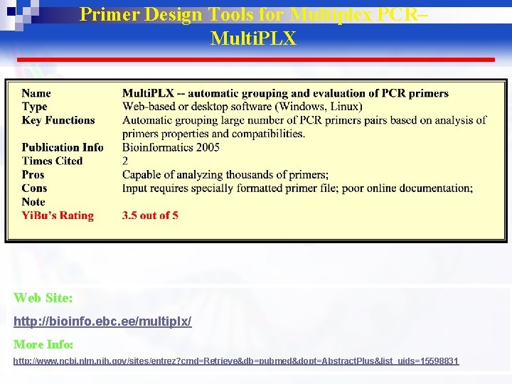 Primer Design Tools for Multiplex PCR– Multi. PLX Web Site: http: //bioinfo. ebc. ee/multiplx/