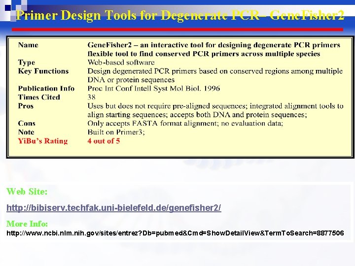 Primer Design Tools for Degenerate PCR– Gene. Fisher 2 Web Site: http: //bibiserv. techfak.