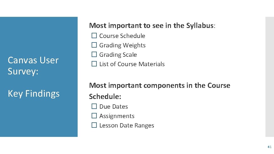 Most important to see in the Syllabus: Canvas User Survey: Key Findings � Course