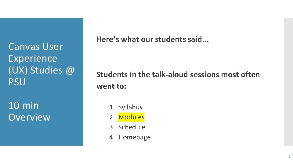 Canvas User Experience (UX) Studies @ PSU 10 min Overview Here’s what our students