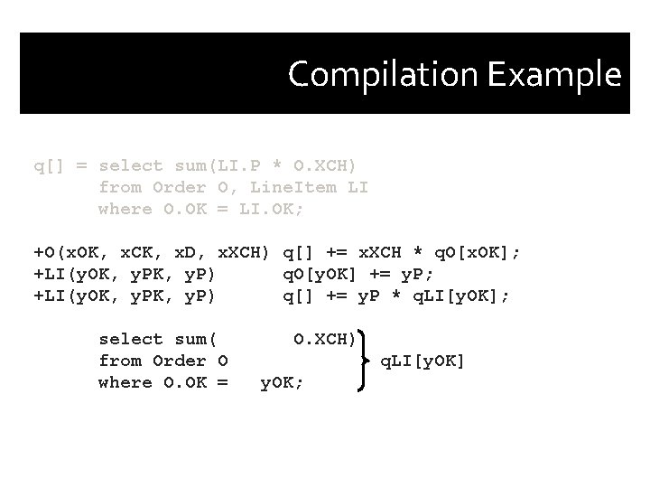 Compilation Example q[] = select sum(LI. P * O. XCH) from Order O, Line.