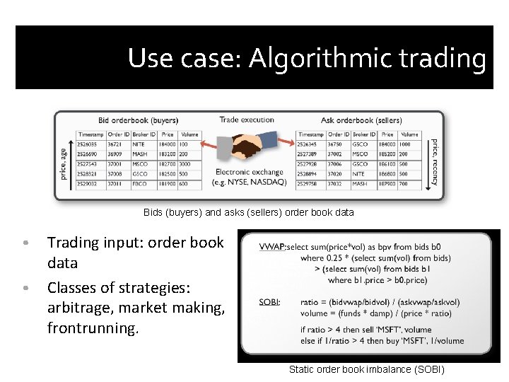 Use case: Algorithmic trading Bids (buyers) and asks (sellers) order book data • •