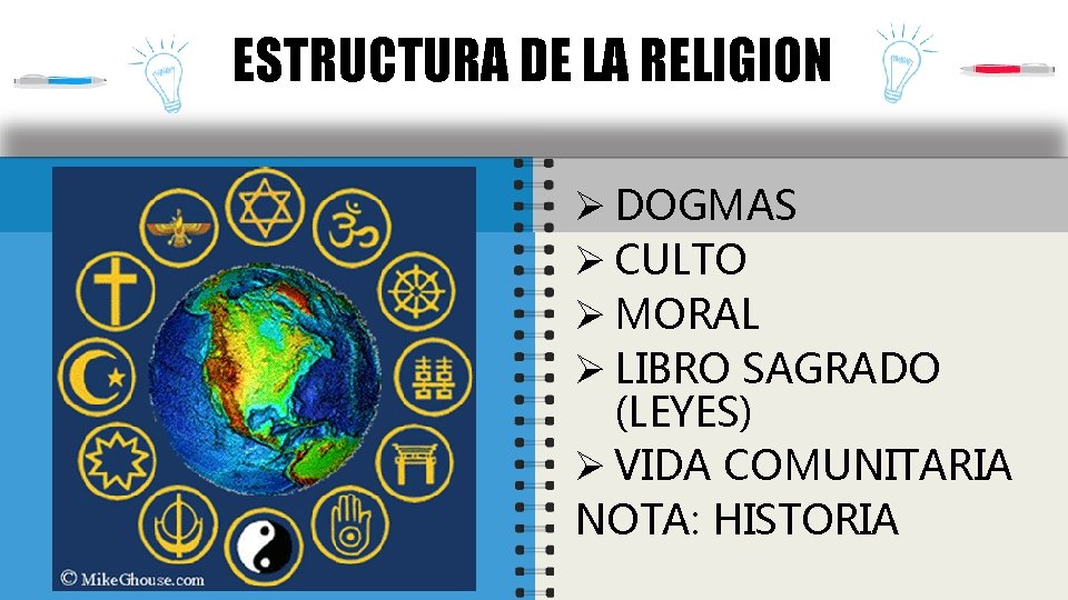 ESTRUCTURA DE LA RELIGION Ø DOGMAS Ø CULTO Ø MORAL Ø LIBRO SAGRADO (LEYES)