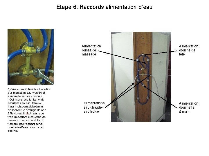 Etape 6: Raccords alimentation d’eau Alimentation buses de massage 1) Vissez les 2 flexibles