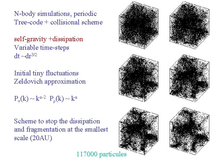 N-body simulations, periodic Tree-code + collisional scheme self-gravity +dissipation Variable time-steps dt ~dr 3/2