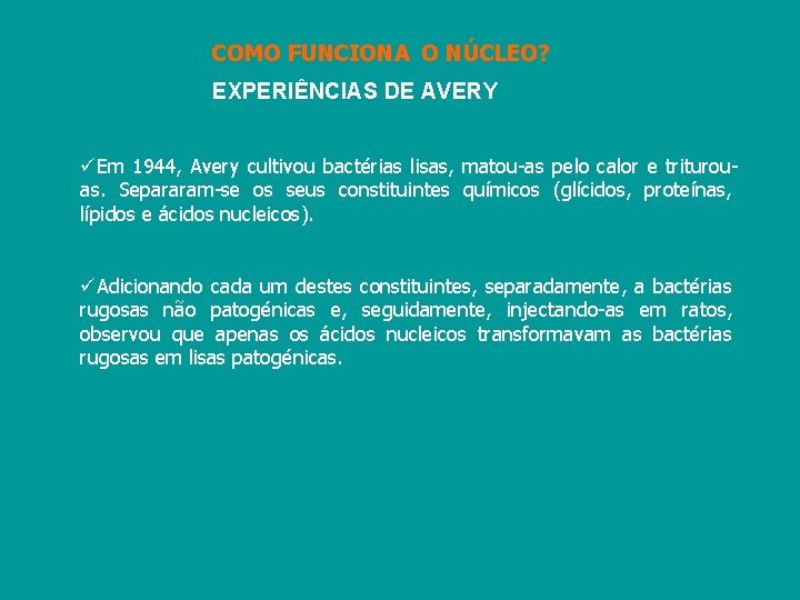 COMO FUNCIONA O NÚCLEO? EXPERIÊNCIAS DE AVERY üEm 1944, Avery cultivou bactérias lisas, matou-as