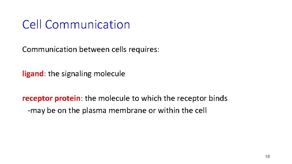 Cell Communication between cells requires: ligand: the signaling molecule receptor protein: the molecule to