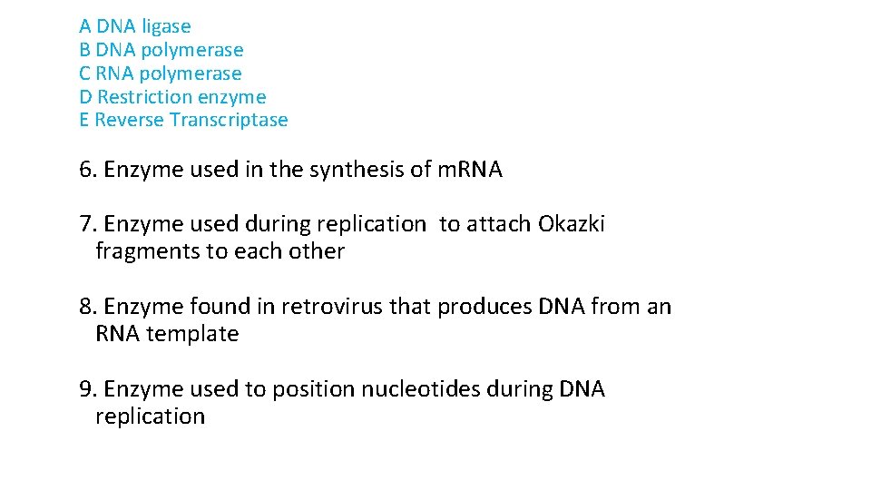 A DNA ligase B DNA polymerase C RNA polymerase D Restriction enzyme E Reverse