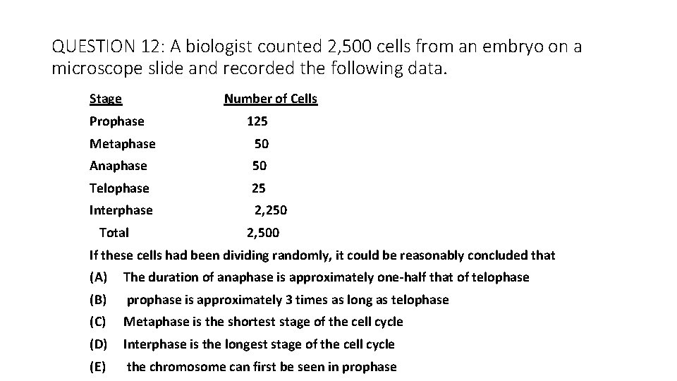 QUESTION 12: A biologist counted 2, 500 cells from an embryo on a microscope