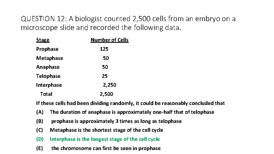 QUESTION 12: A biologist counted 2, 500 cells from an embryo on a microscope