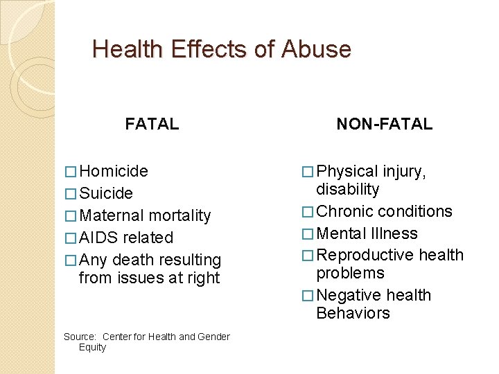  Health Effects of Abuse FATAL � Homicide � Suicide � Maternal mortality �