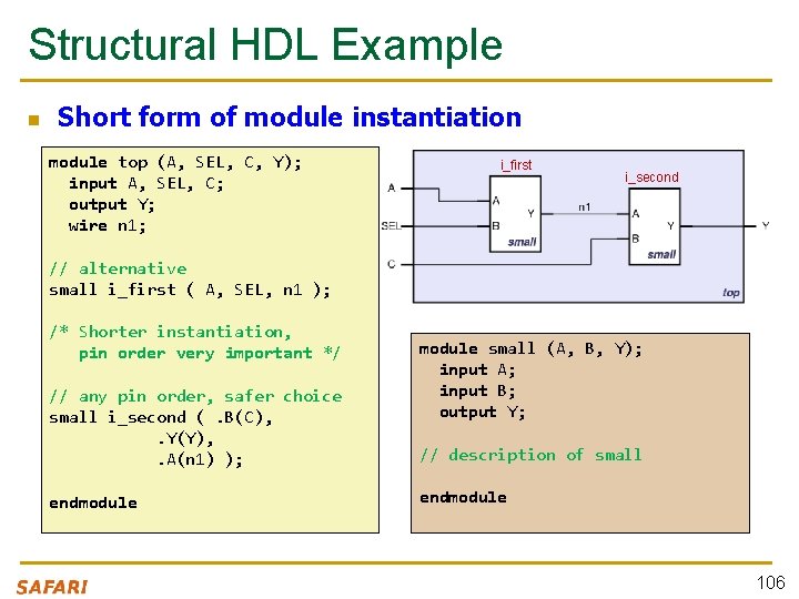 Structural HDL Example n Short form of module instantiation module top (A, SEL, C,