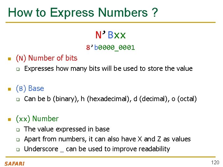 How to Express Numbers ? N’Bxx 8’b 0000_0001 n (N) Number of bits q