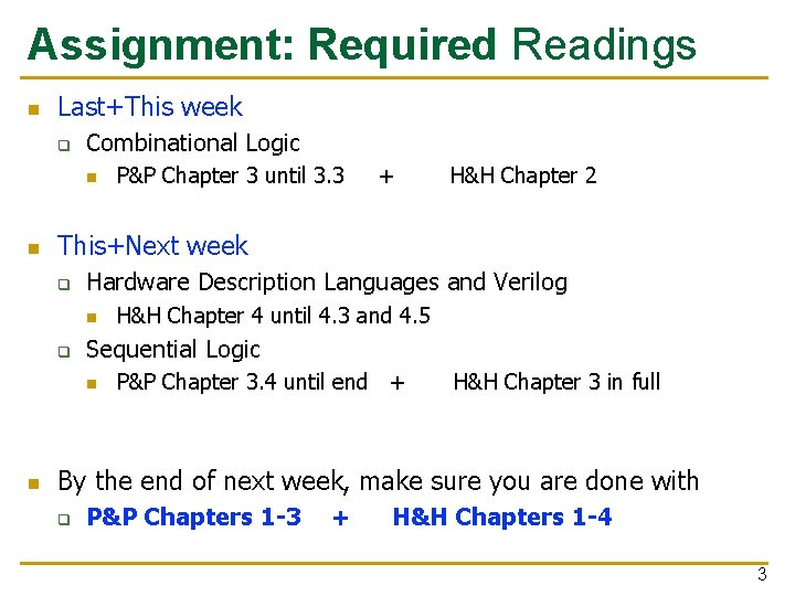 Assignment: Required Readings n Last+This week q Combinational Logic n n This+Next week q