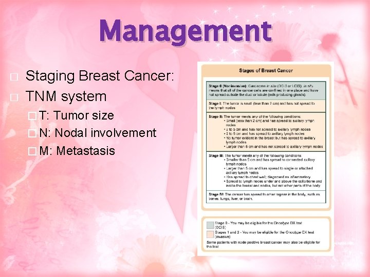 Management � � Staging Breast Cancer: TNM system � T: Tumor size � N: