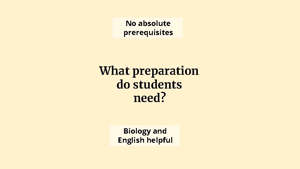 No absolute prerequisites What preparation do students need? Biology and English helpful 