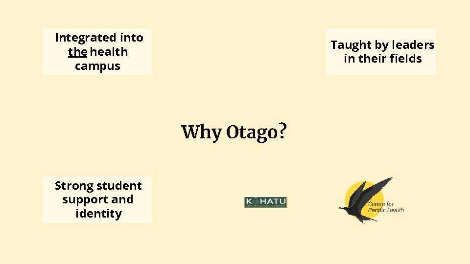 Integrated into the health campus Taught by leaders in their fields Why Otago? Strong