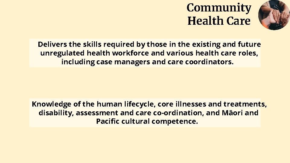 Community Health Care Delivers the skills required by those in the existing and future