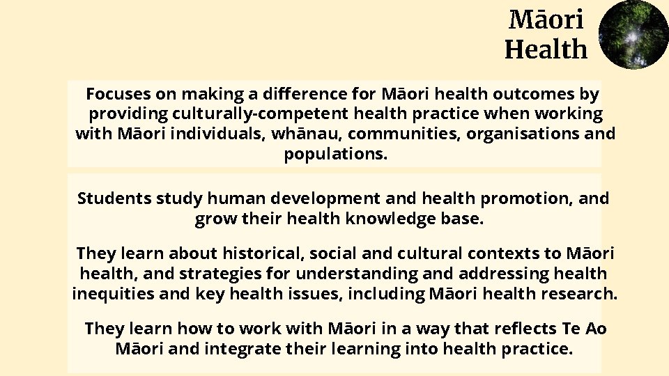 Māori Health Focuses on making a difference for Māori health outcomes by providing culturally-competent