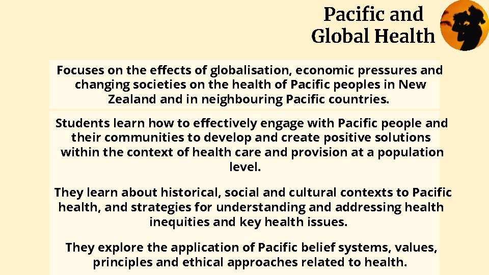 Pacific and Global Health Focuses on the effects of globalisation, economic pressures and changing