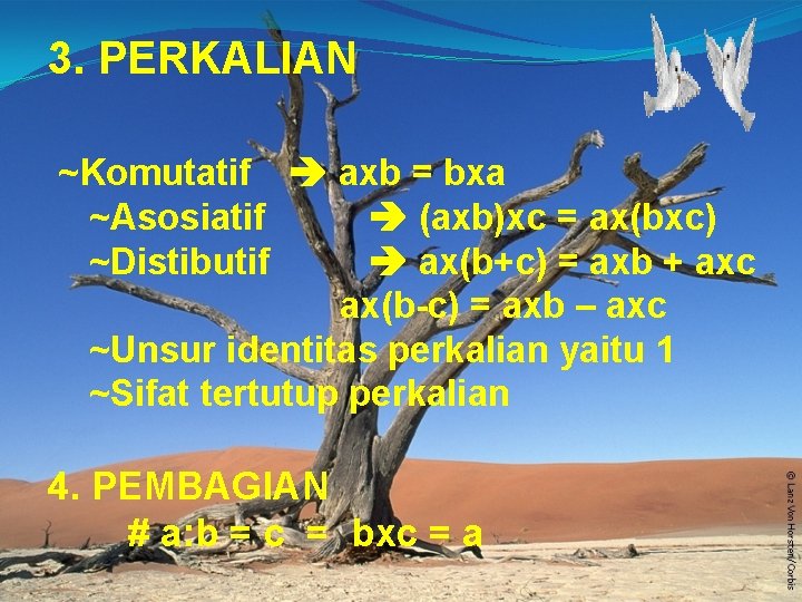 3. PERKALIAN ~Komutatif axb = bxa ~Asosiatif (axb)xc = ax(bxc) ~Distibutif ax(b+c) = axb