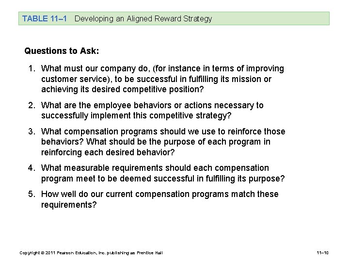 TABLE 11– 1 Developing an Aligned Reward Strategy Questions to Ask: 1. What must