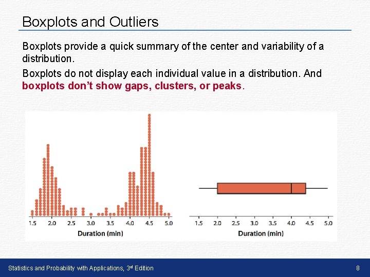 Boxplots and Outliers Boxplots provide a quick summary of the center and variability of