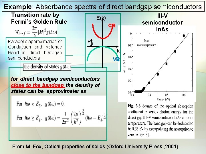Example: Absorbance spectra of direct bandgap semiconductors Transition rate by Fermi’s Golden Rule Parabolic